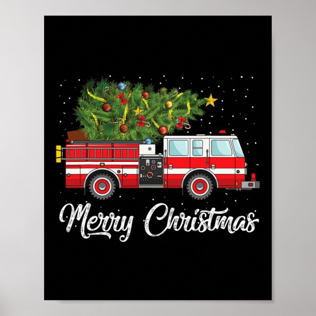 Póster Camión de bomberos navideño árbol divertido regalo (Frente)