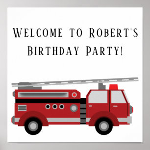 Póster Camión de bomberos rojo cartel cuadrado de fiesta