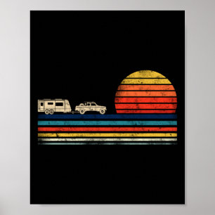 Póster Camión de camping y travesía Retro de atardecer