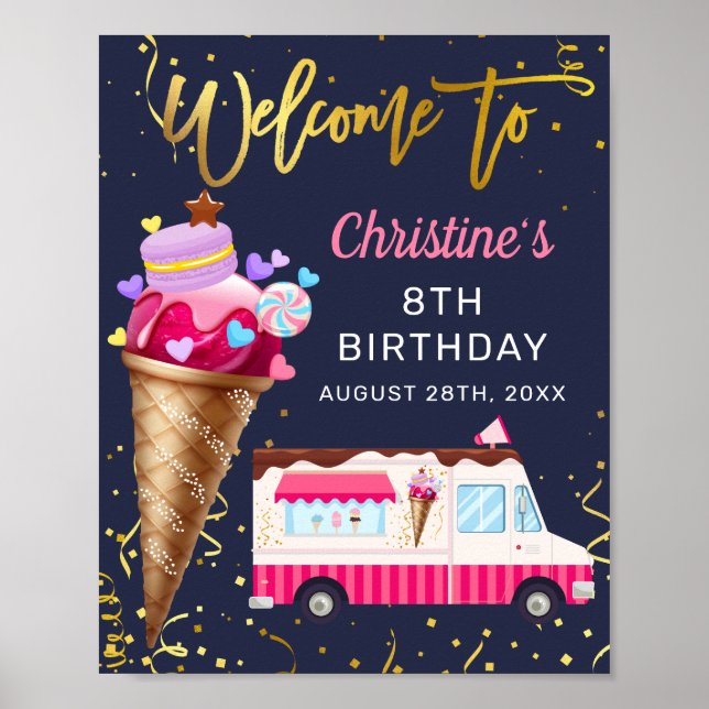 Póster Camión de Crema de Hielo Rosa Marina Bienvenida Az (Frente)