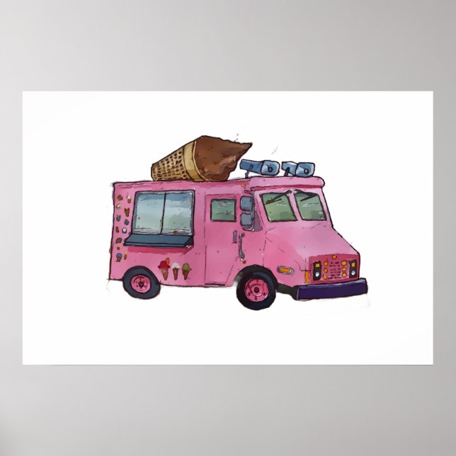 Póster Camión de helados rosa clásico con cono encima (Frente)