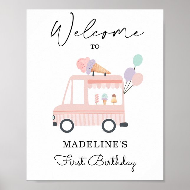 Póster Camión helado Signo de bienvenida de cumpleaños Ch (Frente)