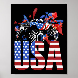 Póster Camión Monstruo Niño Pequeño Usa Bandera Americana