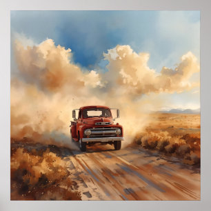 Póster Camión Rojo Antiguo Conduciendo a Través del Paisa