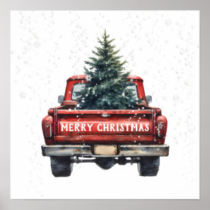 Póster Camión Rojo Antiguo Feliz Navidad