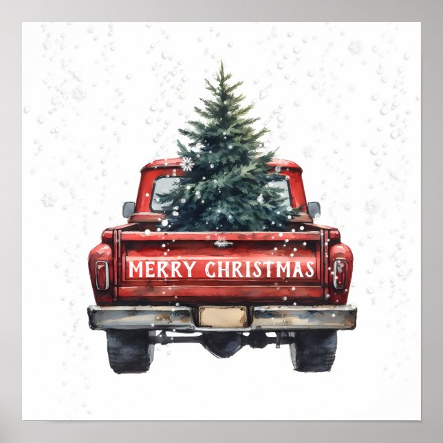 Póster Camión Rojo Antiguo Feliz Navidad (Frente)