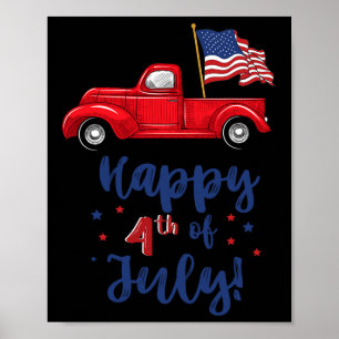 Póster Camión Rojo Con Bandera Estadounidense Feliz 4 De