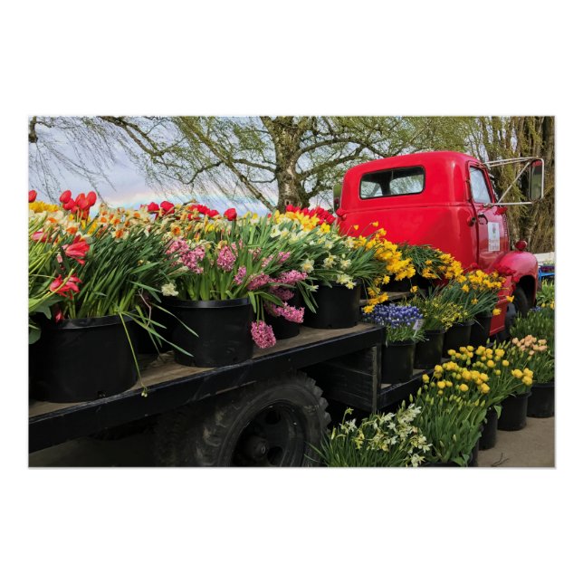 Póster Camión rojo con flores de primavera y arcoiris (Anverso)