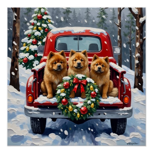 Póster Camión Rojo de Navidad Chow Chow Festejo (Anverso)