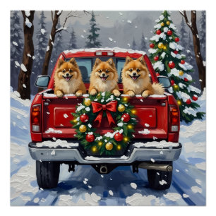 Póster Camión Rojo de Navidad Pomerania Regalo de Fiesta