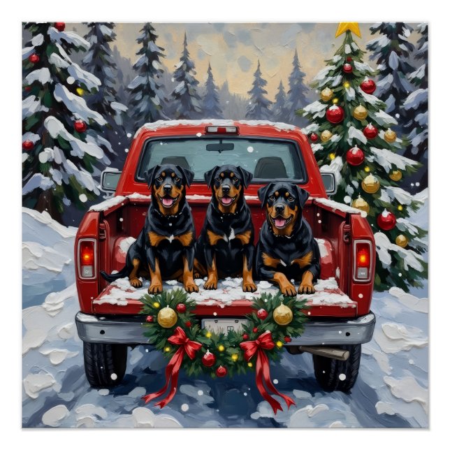 Póster Camión Rojo de Navidad Rottweiler Fiesta (Anverso)