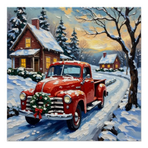 Póster Camión Rojo de Navidad Vintage en Carretera Rural