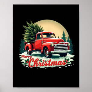 Póster Camión rojo de recogida Feliz Navidad Árbol de inv