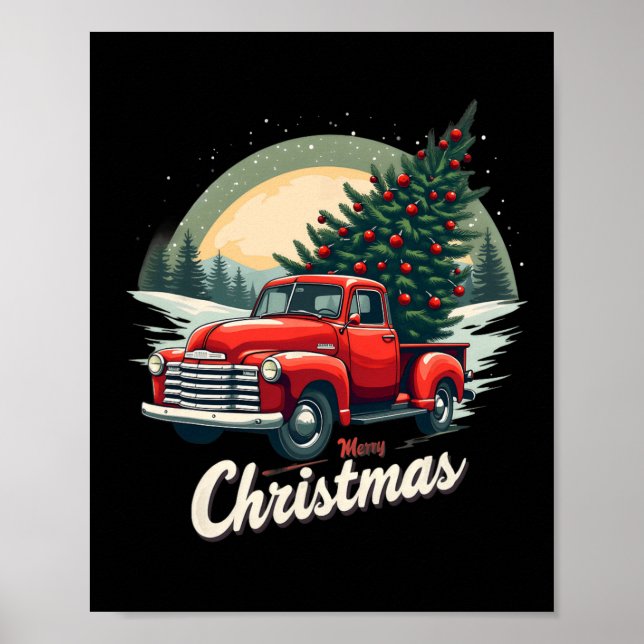 Póster Camión rojo de recogida Feliz Navidad Árbol de inv (Frente)