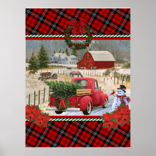 Póster Camión rojo navidad en la pintura de una granja de