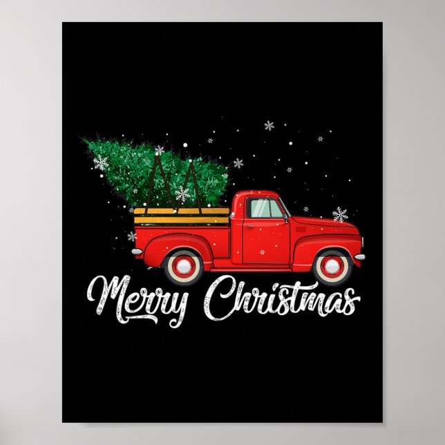 Póster Camión Rojo Recoge Navidad Árbol Vintage (Frente)