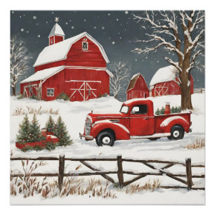 Póster Camión Rojo Vintage de Navidad, Barn, Campo