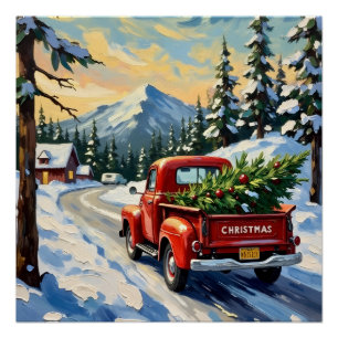Póster Camión rojo vintage que lleva árbol de Navidad