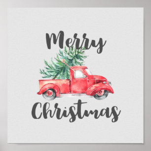 Póster Camión Rojo y Feliz Navidad en los árboles
