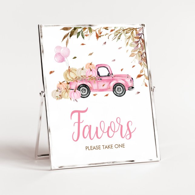 Póster Camión rosa de calabaza favorece a Baby Shower (Little Pumpkin Pink Truck Baby Shower Favors Sign)