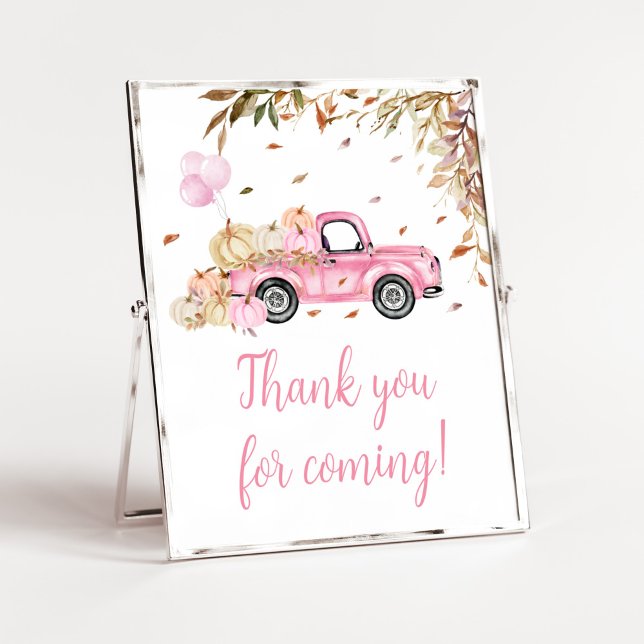 Póster Camión rosa de calabaza Gracias por venir (Little Pumpkin Pink Truck Baby Shower Thank you for Coming Sign)