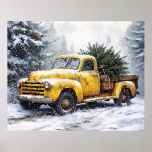 Póster Camióncito amarillo vintage de Navidad