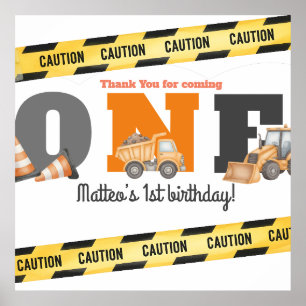 Póster Camiones de Construcción Cumpleaños Número Uno Vol