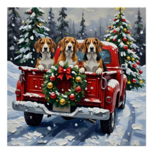 Póster Camioneta Roja de Navidad Beagle Fiesta