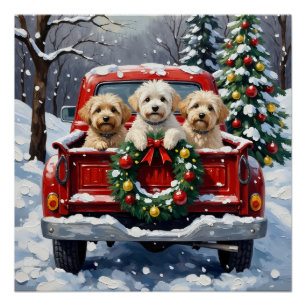Póster Camioneta Roja de Navidad Bichon Frise Fiesta