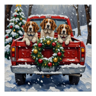 Póster Camioneta Roja de Navidad Brittany Spaniel Vacacio