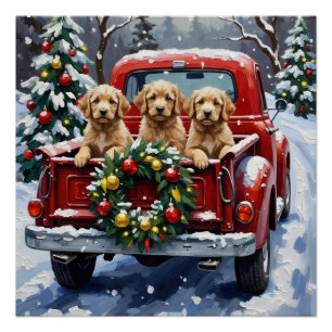 Póster Camioneta Roja de Navidad Cockapoo Fiesta