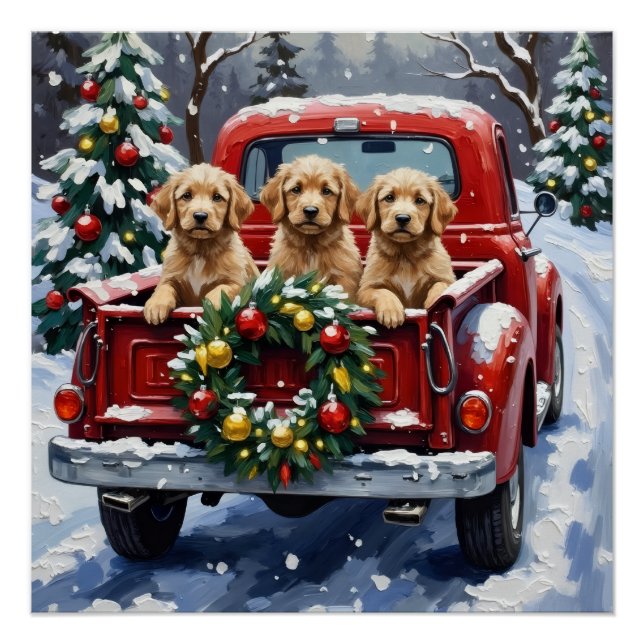 Póster Camioneta Roja de Navidad Cockapoo Fiesta (Anverso)