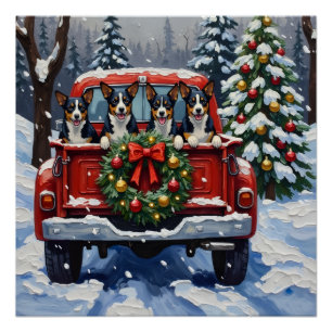 Póster Camioneta Roja de Navidad con Blue Heeler Festejo
