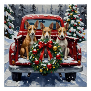 Póster Camioneta Roja de Navidad con Rat Terrier Fiesta