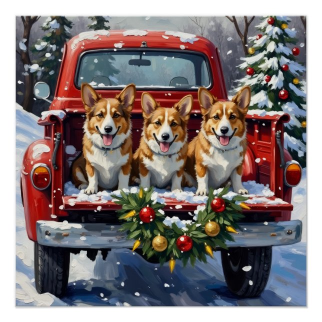 Póster Camioneta Roja de Navidad Corgi Fiesta (Anverso)