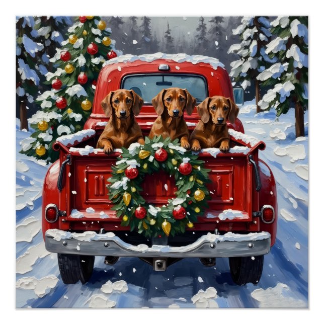 Póster Camioneta Roja de Navidad Dachshund Fiesta (Anverso)