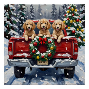Póster Camioneta Roja de Navidad de Caniche Fiesta