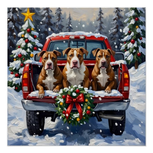Póster Camioneta Roja de Navidad Pitbull Fiesta (Anverso)