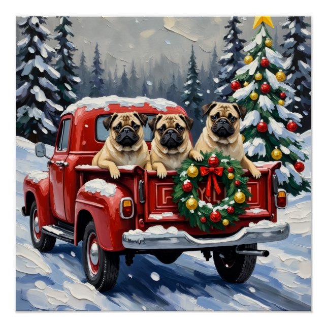 Póster Camioneta Roja de Navidad Pug Fiesta (Anverso)