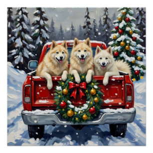 Póster Camioneta Roja de Navidad Samoyed Fiesta