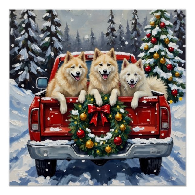 Póster Camioneta Roja de Navidad Samoyed Fiesta (Anverso)