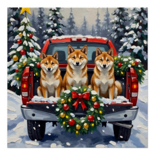 Póster Camioneta Roja de Navidad Shiba Inu Festejo