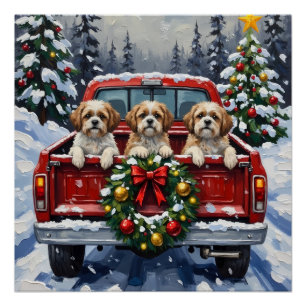 Póster Camioneta Roja de Navidad Shih Tzu Fiesta