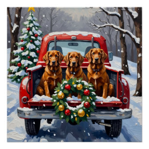 Póster Camioneta Roja Navideña Setter Rojo Irlandés Fiest
