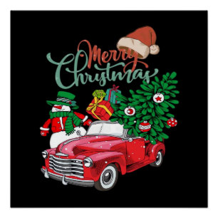 Póster Camioneta Roja Recogida Árbol De Navidad Feliz Nav