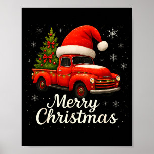 Póster Camioneta Roja Vieja Santa Sombrero Árbol de Navid