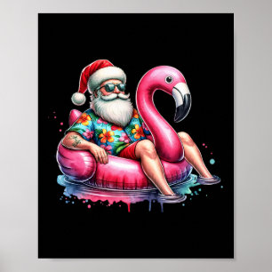 Póster Camisa hawaiana Santa Flamingo Flotador Navidad En