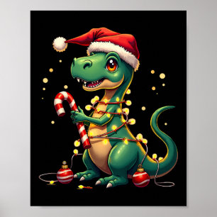 Póster Camiseta Cute Navidad T-rex Dinosaurio Luces Y Pue