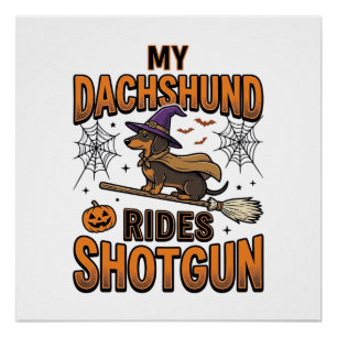 Póster Camiseta Dachshund Bruja de Halloween con Escoba e