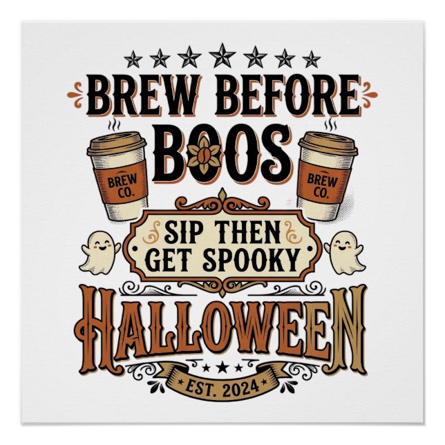 Póster Camiseta de café de Halloween Brew Before Boos Vin (Anverso)